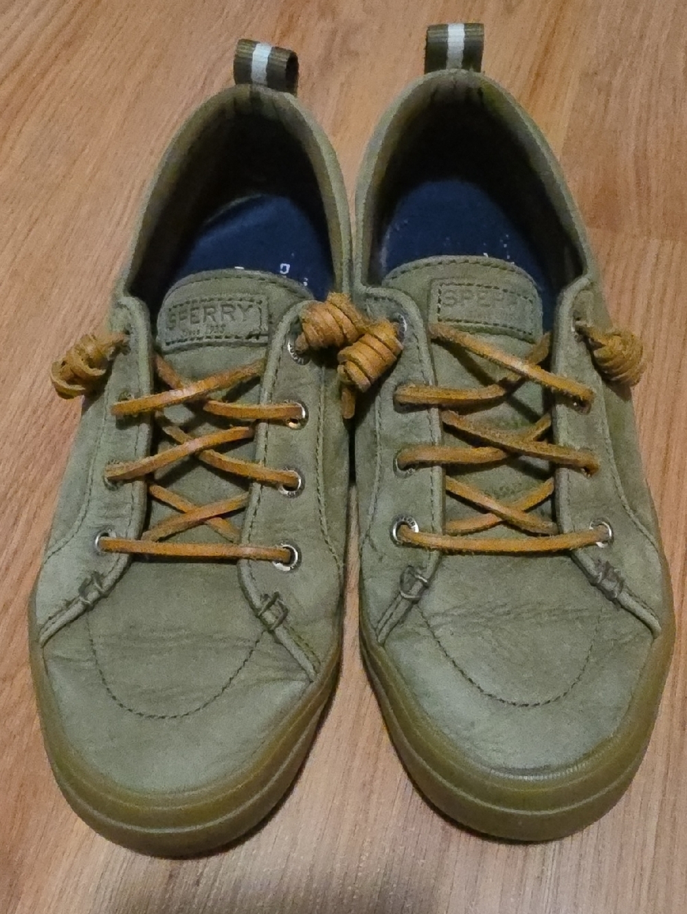 Sperry Women's Olive Canvas Boat Shoes with Tan Laces